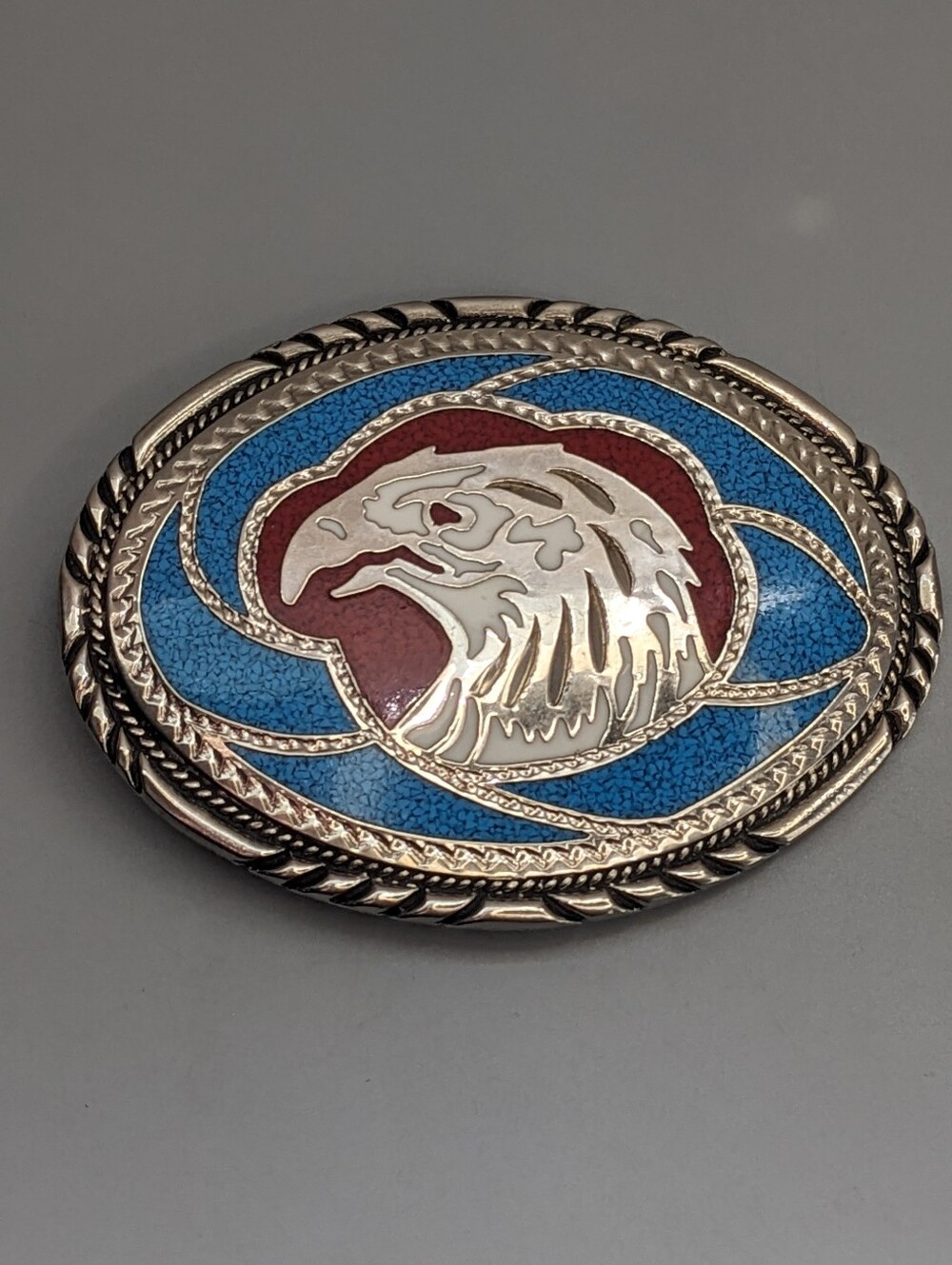 Vintage SSI Turquoise Coral Inlay Eagle Belt Buckle Nickel Silver 1988